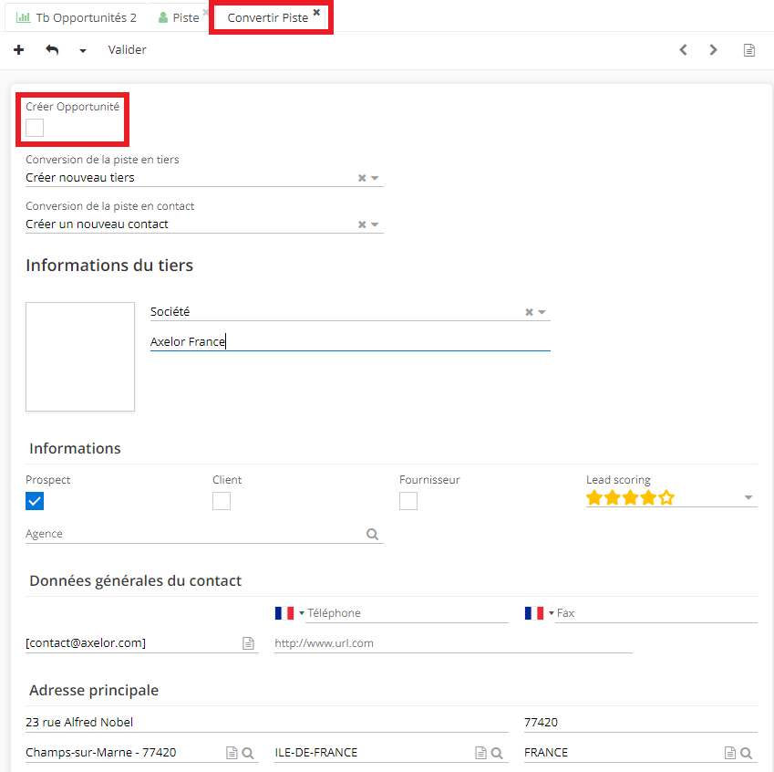 1.1. Sur la fiche de la conversion de la piste, il est possible de cocher la case “Créer Opportunité”. La case activée fait apparaître d’autres champs à remplir si vous souhaitez créer une opportunité.