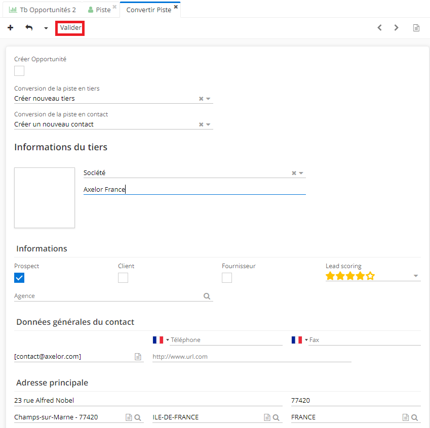 1.4. Sur la fiche de la conversion de la piste, cliquez sur “Valider”. Une nouvelle fiche Société est créée par la suite.