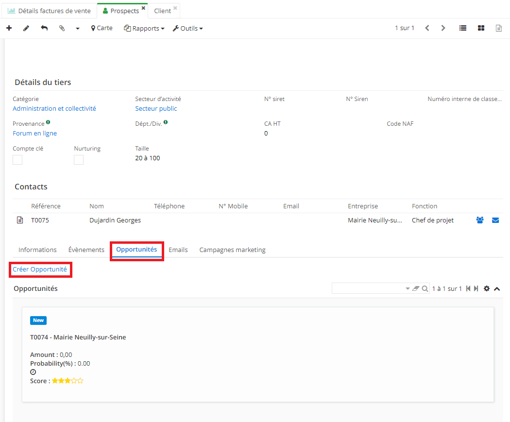 1.2. Sur la fiche Prospect, il est également possible de créer une opportunité. Cliquez sur l’onglet “Opportunité”, et ensuite cliquez sur “Créer opportunité”. Dans cet onglet vous pouvez consulter les opportunités existantes liées à ce prospect.