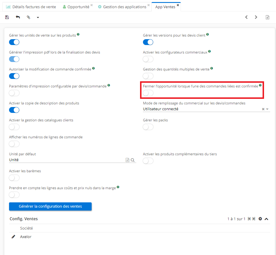 1.1. La case à cocher “Fermer l’opportunité lorsque l’une des commandes liées est confirmée” permet de passer une opportunité au statut “Fermé gagné” si un devis a été créé et lorsque la commande a été confirmée.