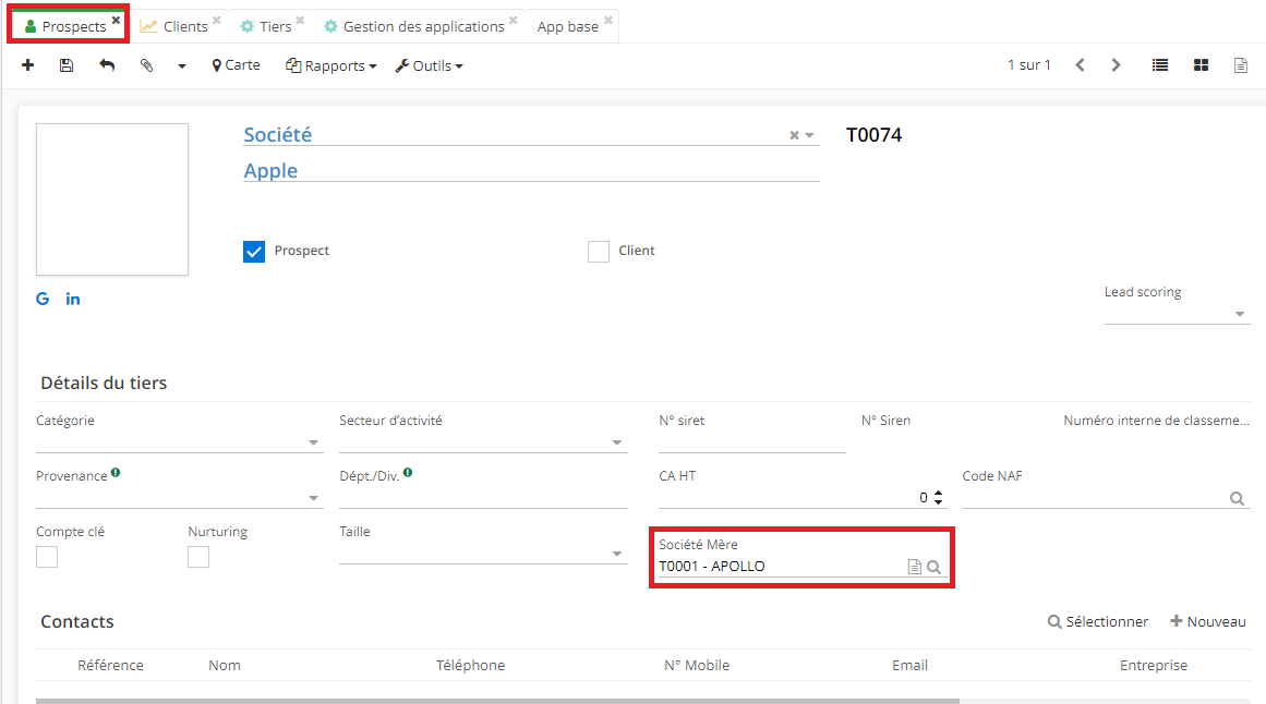 1.6. Une fois que vous avez activé la case “Gérer les Filiales” sur la page d’App Base, il devient possible d’ajouter une Société Mère sur la fiche du prospect.