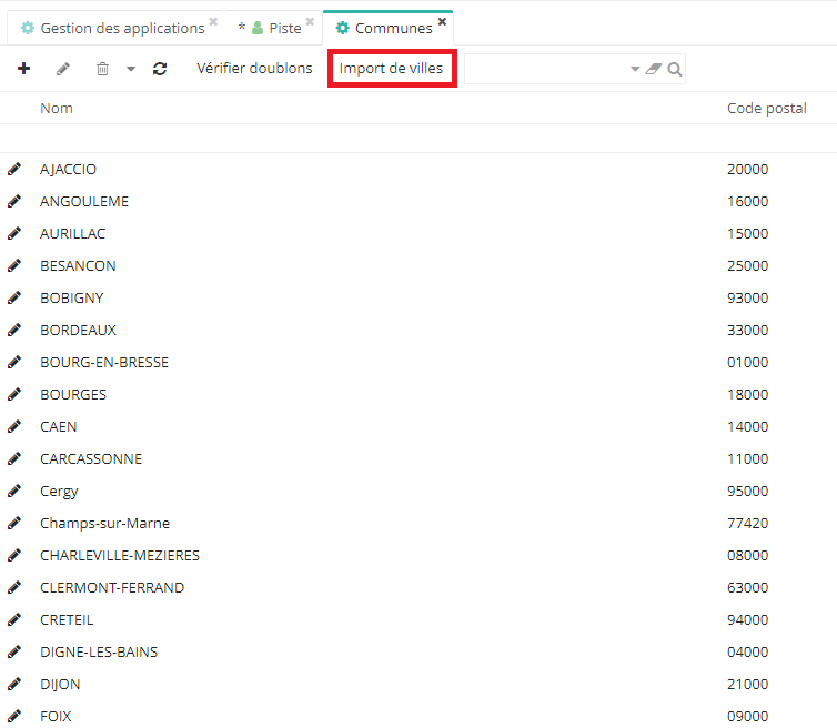 1.5. Il est possible d’importer des villes via le bouton “Import de villes” dans le référentiel de Communes (Config applicative → Organisation → Territoire → Communes).