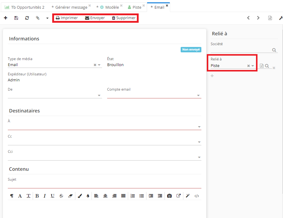 1.4. Dès que vous avez cliqué sur “Valider” sur la page de génération de message, vous êtes redirigé sur la page de création de l’email. Complétez les informations et envoyez le message. Le bouton “Envoyer” se trouve dans la barre d’outil en haut de la page. Il est également possible d’imprimer ou de supprimer le message. Sur la même page vous constatez que cet email est relié à une piste (consultez le champ “Relié à”).