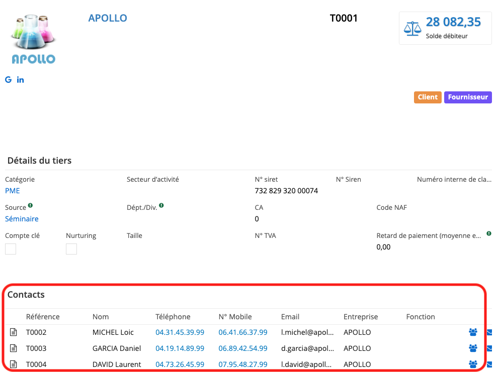 1.3. Sur la fiche Prospect se trouve les fiches de Contacts. Il est possible de consulter une fiche Contact directement depuis la fiche du Prospect. Les contacts sont attachés à des sociétés.