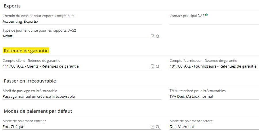 1.1. Accès : Config applicative → Gestion des applications → Comptabilité, configurer → sur la page de configuration, cliquez sur la fiche de la société ou soit Config applicative → Société / Utilisateur → Société. Dans l’onglet Comptabilité, descendez en bas de la page (jusqu’à la retenue de garantie) et renseignez la retenue de garantie.