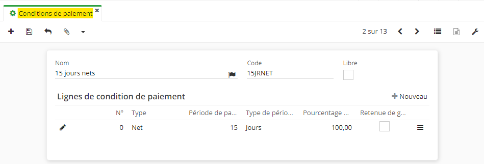 1.1. Accès : Comptabilité → Configuration → Paiement → Condition de paiement. Sur l'image : la fiche de la condition de paiement.