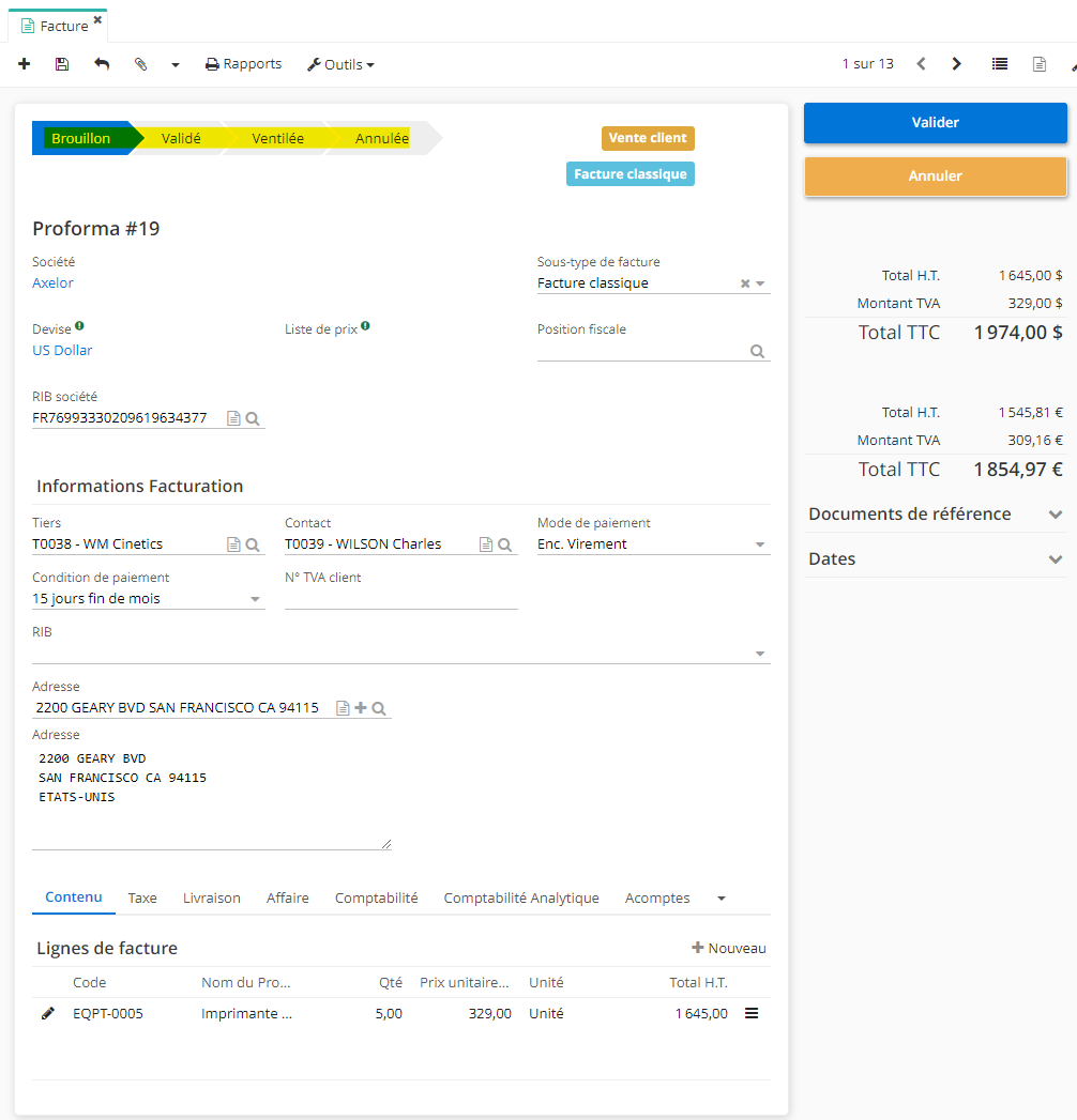 1.1. Workflow d'une facture : Brouillon → Validé → Annulé → Ventilé.