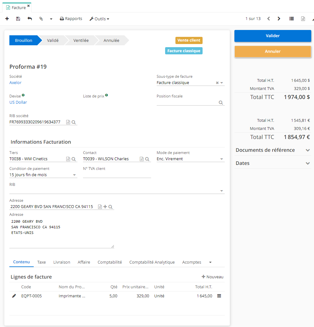 1.1. Accès : Facturation → Facture client → +. Exemple d'une facture.