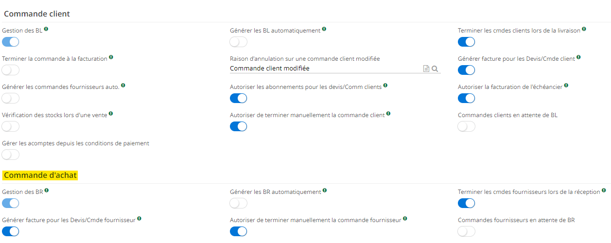 1.3. Configurations de la Commande d'achat dans le module Supplychain. Accès : Config applicative → Gestion des applications → Supplychain, configurer → configurez la partie Commande d'achat.