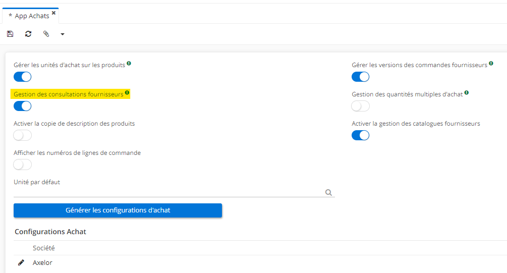 1.1. Activez de la configuration “Gestion des consultations fournisseurs”. Accès : Config applicative → Gestion des applications → Achats, configurer → activez l’option “Gestion des consultations fournisseurs”.