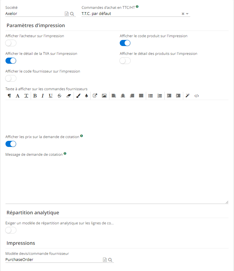 1.2. Configurations par société. Accès : Config applicative → Gestion des applications → Achats, configurer → cliquez sur la fiche de la société qui se trouve en bas de la page afin d'accéder aux configurations par société.