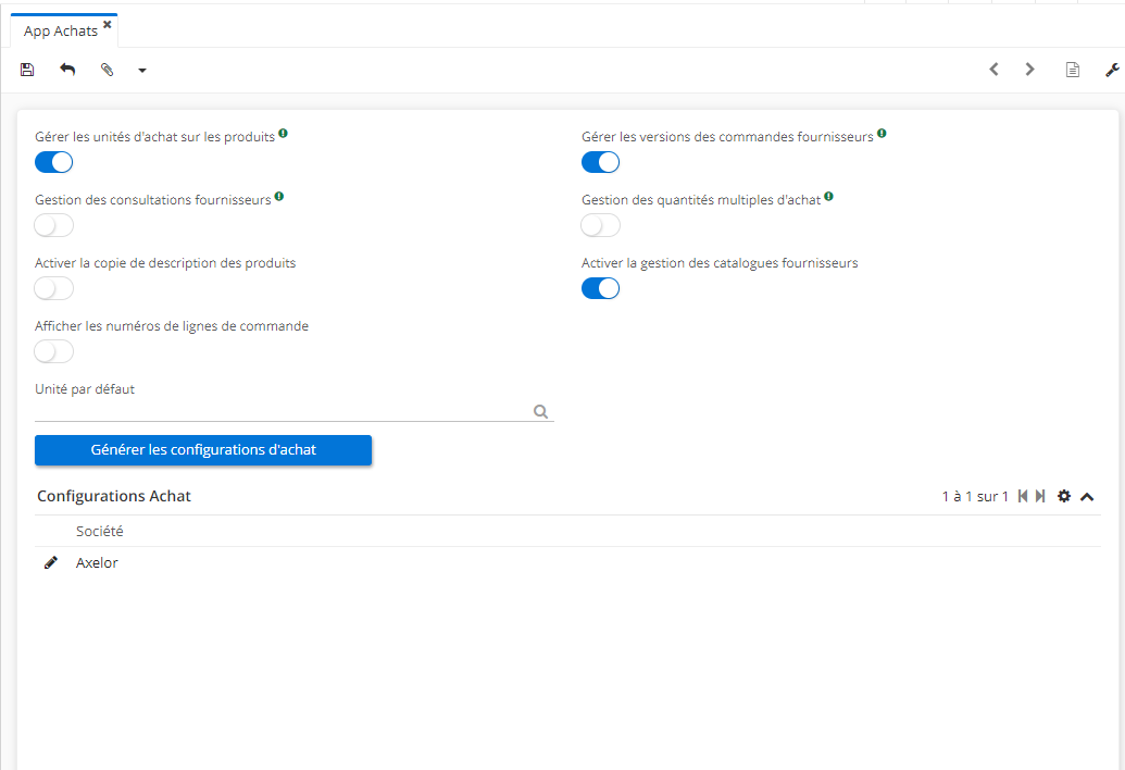 1.1. Configuration du module Achats. Accès : Config applicative → Gestion des applications → Achats, configurer.