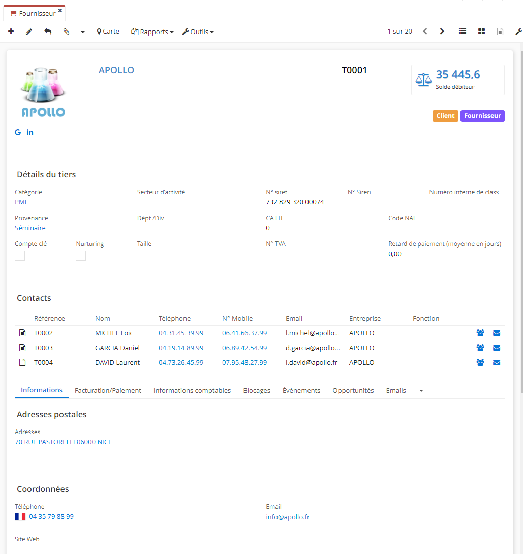 1.1. Accès : Achats → Fournisseurs → ouvrez ou créez une fiche fournisseur. Sur l'image : une fiche fournisseur.