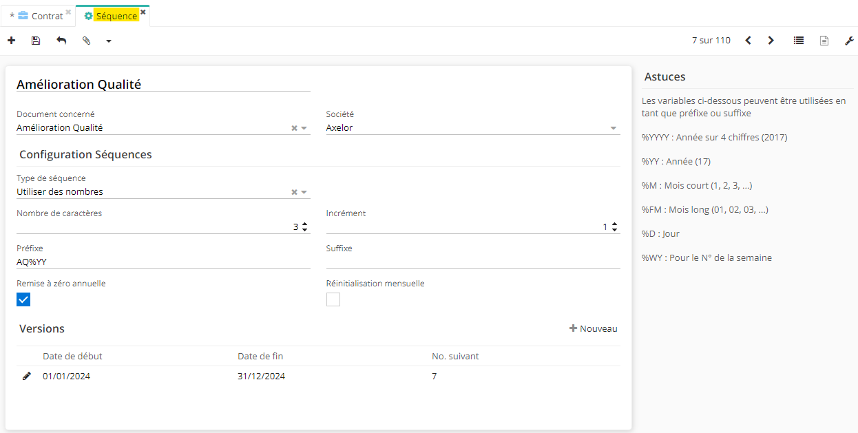 1.1. Accès : Config applicative → Données générales → Séquences → +. Sur l'image, la page de création d'une séquence.