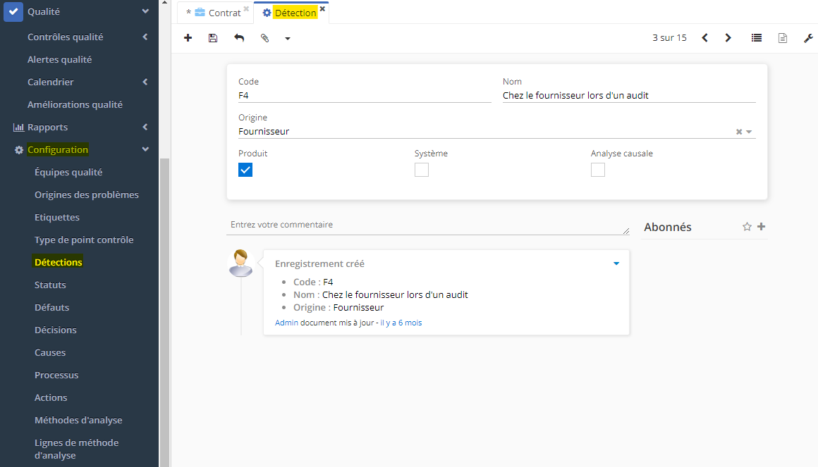 1.1. Accès : Qualité → Configuration → Amélioration qualité → Détection. Une détection permet de déterminer quelle partie prenante a détecté le problème, nécessitant la création de la fiche amélioration qualité.