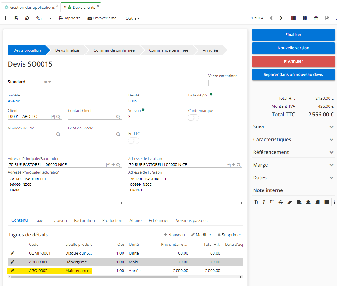 1.2. Suite à votre sélection des produits, le système va générer automatiquement les lignes contenant les produits, y compris une ligne avec un produit optionnel.