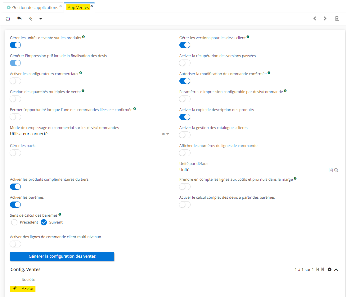 1.1. Accès : Config applicative → Gestion des applications → Ventes, configurer. Sur la page de l’App Ventes vous allez trouver les réglages globaux valables pour toutes les sociétés. Cependant, sachez que vous pouvez effectuer la configuration par Société dans la partie Config Ventes, où se situent les fiches sociétés.