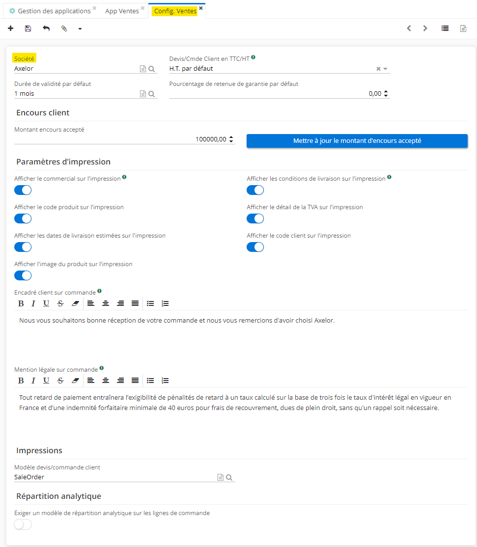 1.1. Accès : Config applicative → Gestion des applications → Ventes, configurer → sur la page d’App Ventes, dans la partie Configuration Ventes, cliquez sur la fiche de société afin d’accéder aux configurations des Ventes par société.