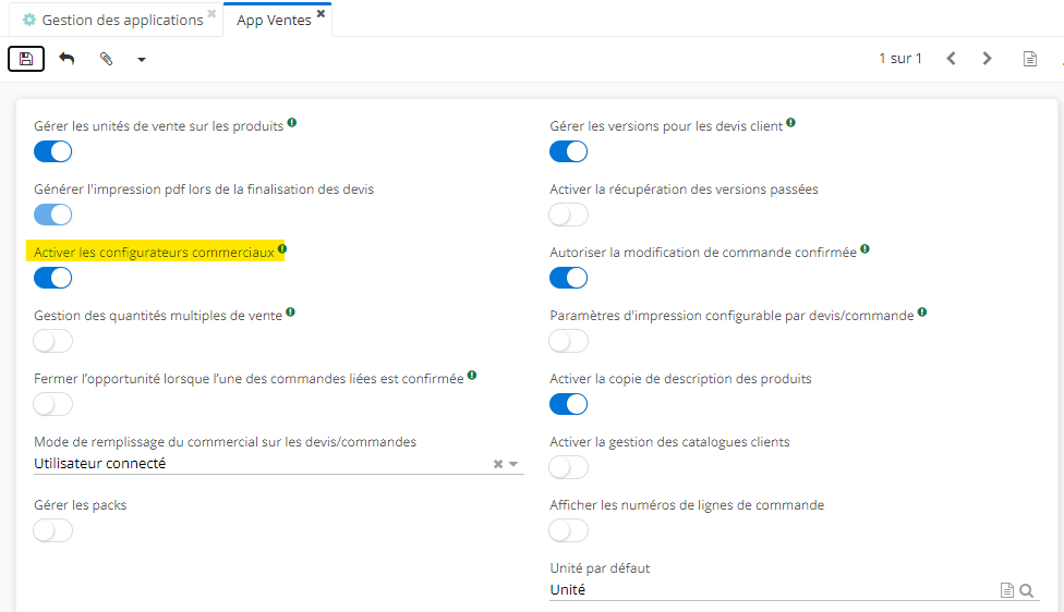 1.1. Accès : Config applicative → Gestion des applications → Ventes, configurer → activez l’option “Activer les configurateurs commerciaux”.