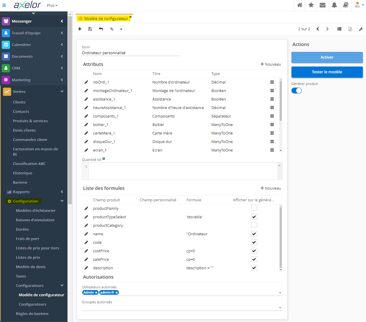 1.1. Accès : Ventes → Configurations → Configurateurs → Modèles de configurateur. Sur l'image : une fiche d'un modèle de configurateur.