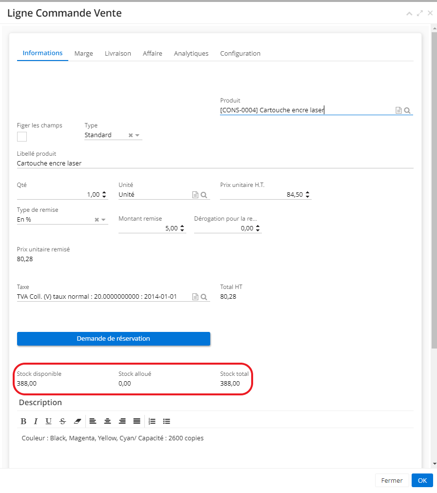 1.3. Une fois que vous avez activé l’option “Gérer la réservation des stocks”, les quantités en stock des articles deviennent visibles depuis les lignes de devis/commande.