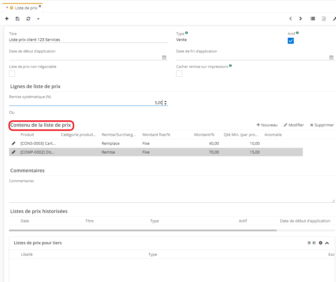 1.2. Une fois que vous avez ajouté des Lignes de liste de prix, elles seront visibles sur la fiche de Liste de prix depuis le tableau “Contenu de la liste de prix”.