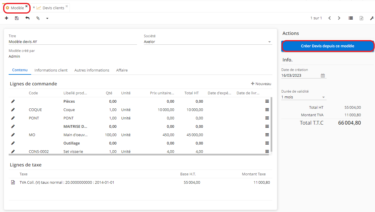 1.1. Cliquez sur le bouton “Créer devis depuis ce modèle” afin de créer un nouveau devis depuis un modèle (accès : Ventes → Configuration → Modèle de devis).