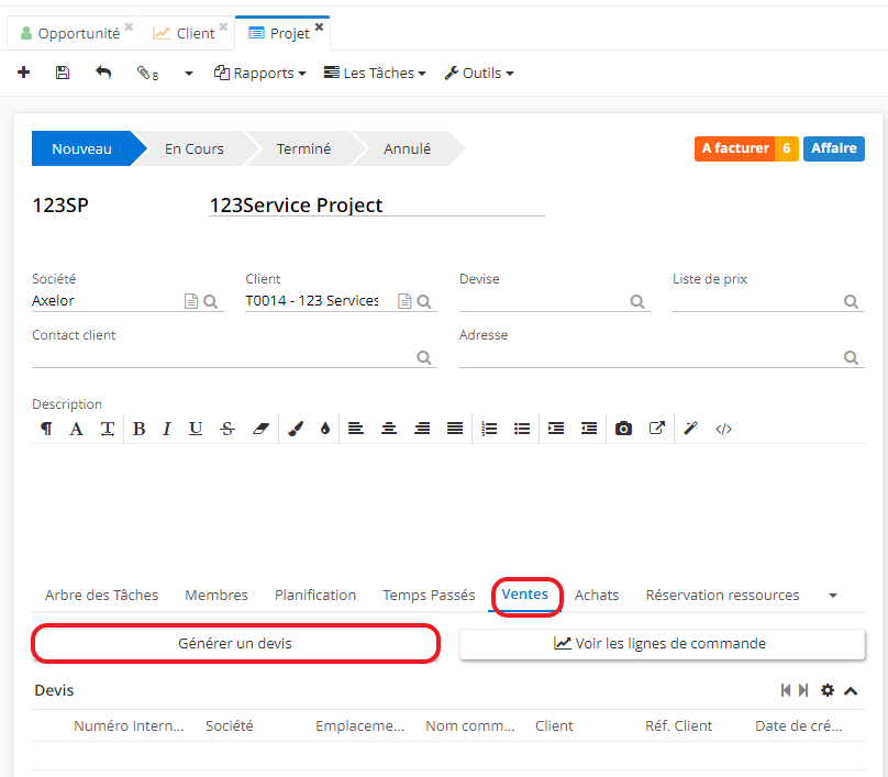 1.1. Sur une fiche Affaire, cliquez sur l’onglet Ventes et ensuite cliquez sur le bouton “Générer un devis” afin de générer un devis.