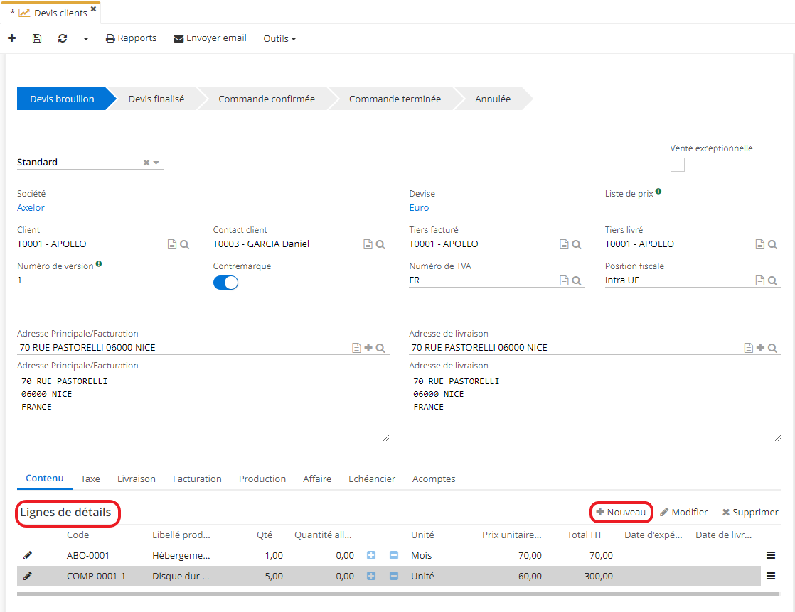 1.1. Cliquez sur + Nouveau  afin d’ajouter une nouvelle ligne sur le devis.