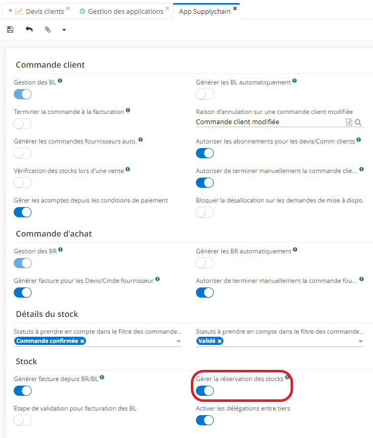 1.2. Sur la page d’App Supplychain, activez l'option “Gérer la réservation des stocks” afin de pouvoir afficher les quantités en stock directement sur le tableau “Lignes de détails” sur le devis.