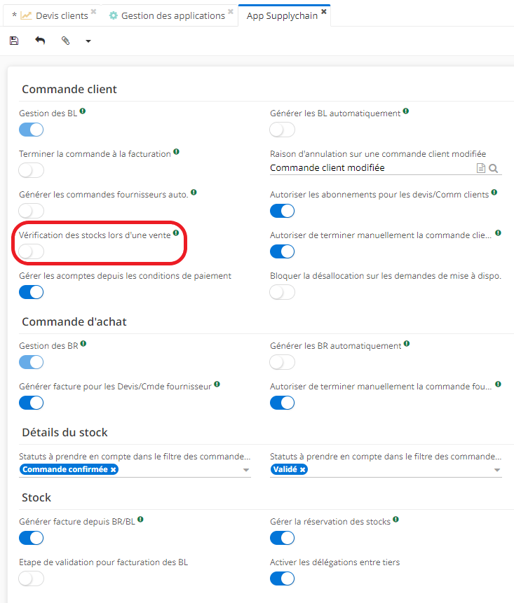 1.1. Sur la page d’App Supplychain, activez l'option “Vérification des stocks lors d’une vente” afin de pouvoir vérifier les stocks sur la fiche de Devis (Accès: Config applicative → Gestion des applications → module Supplychain, configurer).