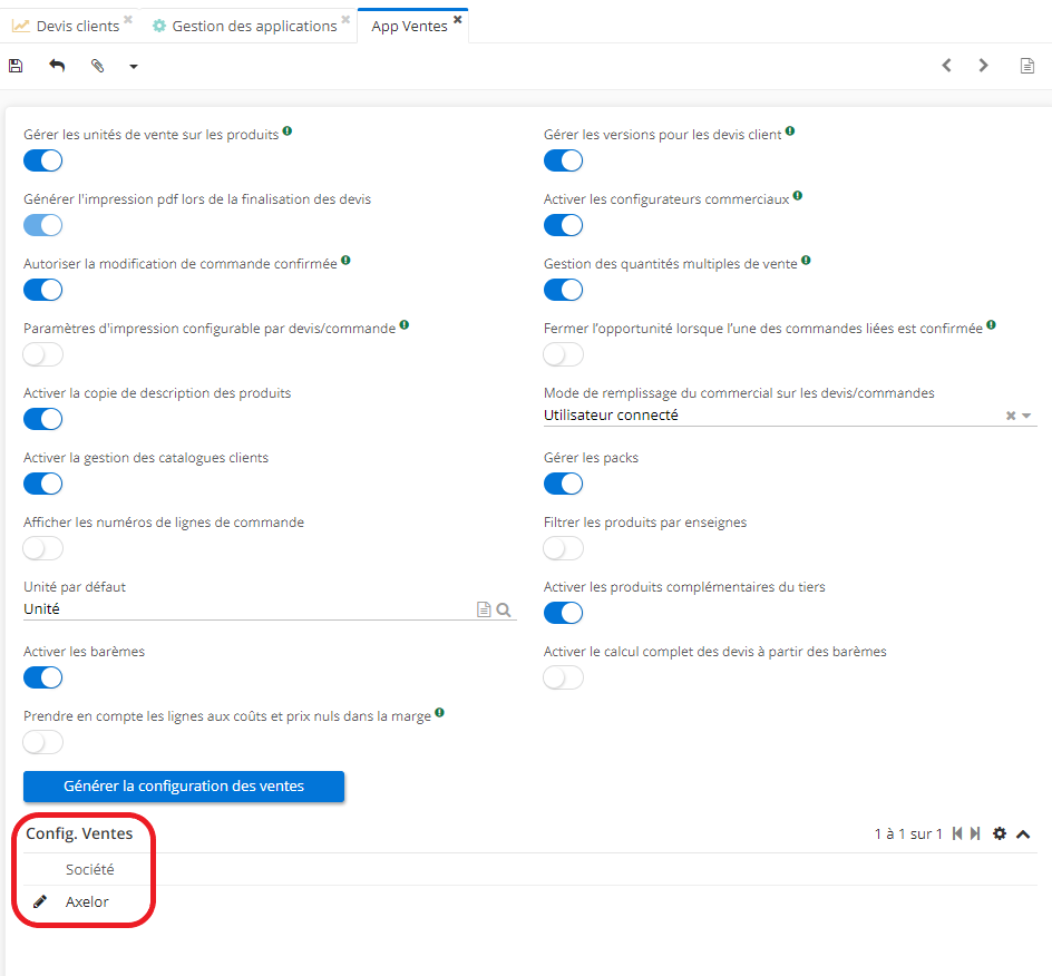 1.1. Sur la page d’app Ventes, cliquez sur la fiche de Société qui se trouve dans la partie Configuration Ventes afin de configurer les paramètres d’impression de la société.