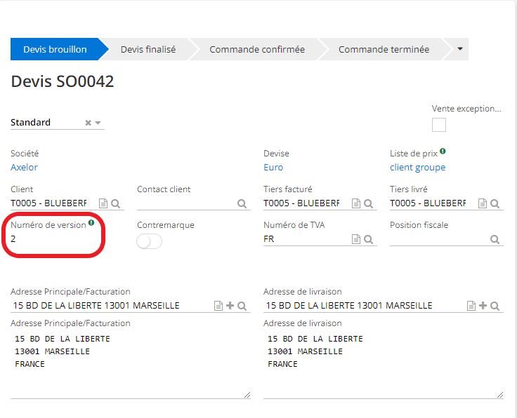 1.3. Si vous avez cliqué sur le bouton “Nouvelle version”, le nouveau devis comportera toujours le numéro de la version.