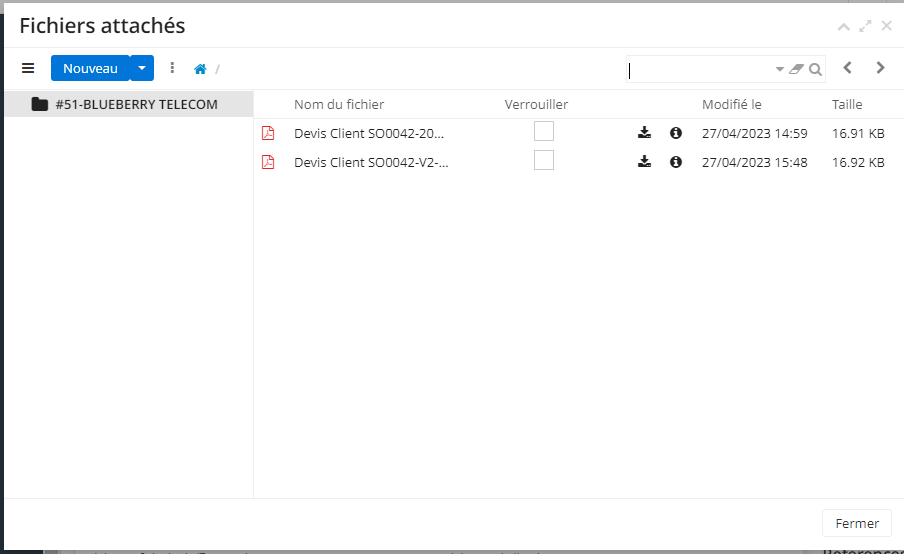 1.5. Une fois que vous avez cliqué sur l’icône du trombone, vous pouvez consulter les fichiers attachés. Dans l’exemple, ces fichiers sont les différentes versions de devis qui ont été créées depuis la même fiche de devis.