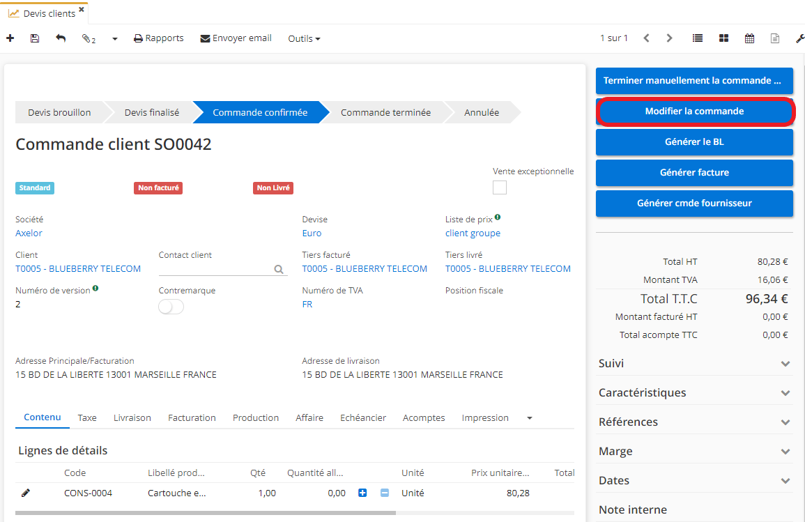 1.6. Si vous avez confirmé la commande, il est toujours possible de la modifier. Il suffit de cliquer sur le bouton à droite “Modifier la commande”. Cependant, il est nécessaire d’activer cette option. Sur la page d’app Ventes, activez le booléen “Autoriser la modification de commande confirmée” (Config applicative → Gestion d’applications → Ventes, configurer).