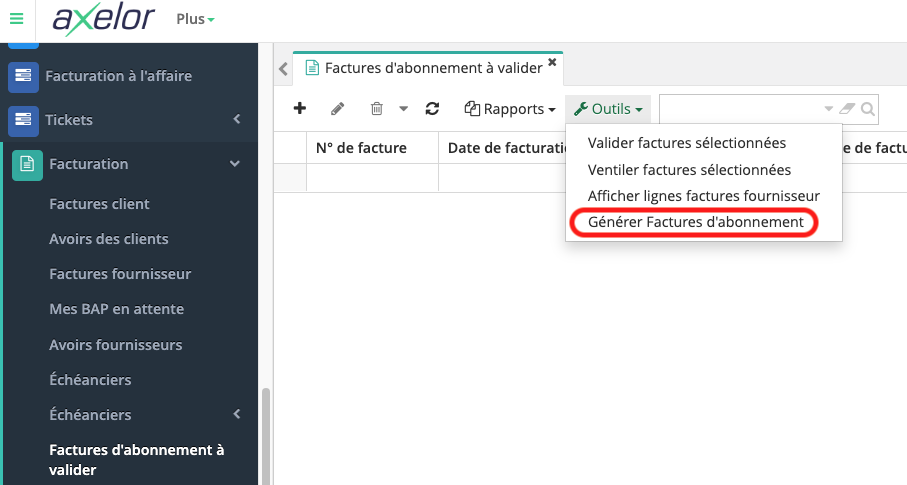 1.2. Sur la page de Factures d'abonnement à valider, cliquez sur Outils et sélectionnez “Générer Factures d'abonnement”. Les factures vont être générées selon la périodicité et les dates définies au niveau des commandes d’abonnement.