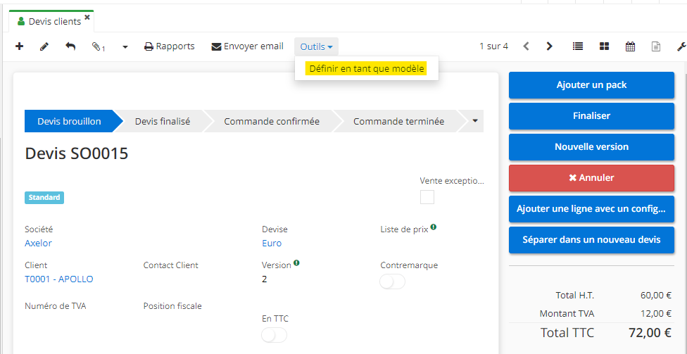 1.1. Accès : Ventes → Devis client. Sur un devis existant, cliquez sur le bouton “Outils” sur la barre d’outils en haut. Par la suite, sélectionnez l’action “Définir en tant que modèle”.