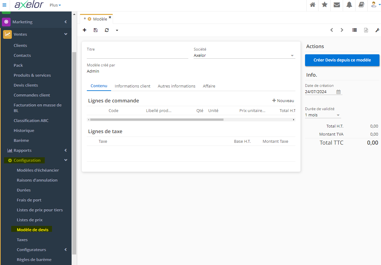 1.2. Vous pouvez également créer un modèle de devis depuis le menu Modèle de devis. Accès : Ventes → Configurations → Modèle de devis.