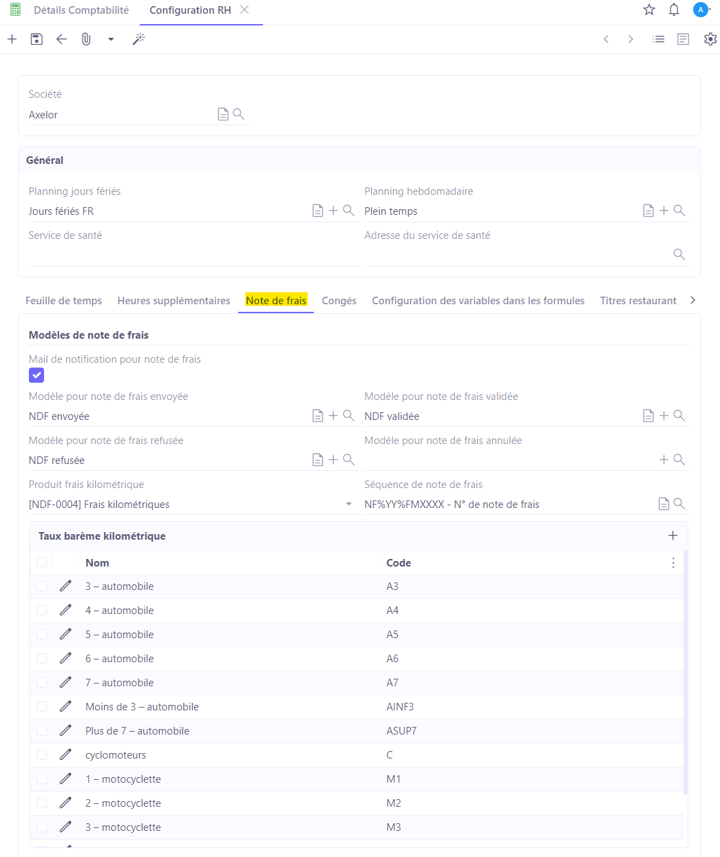 1.1. Avant de procéder à l’utilisation des notes de frais, rassurez-vous d’avoir configuré les fonctionnalités nécessaires. Accès : Config applicative → Gestion des applications → Gestion des employés, configurer → cliquez sur la fiche de la Société → ouvrez onglet “Note de frais”.