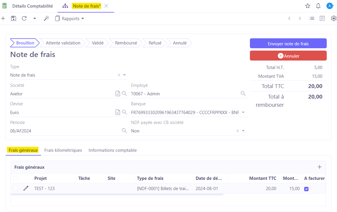 1.1. La fiche d'une note de frais à valider (accès : RH → Notes de frais → Notes de frais à valider / ventiler).