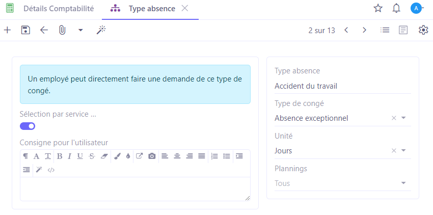 1.1. Pensez à configurer les types d'absence. Accès : RH → Demandes de congés → Configuration → Types absence.