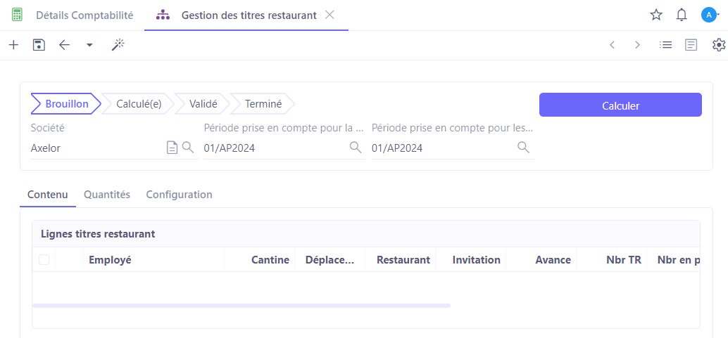 1.1. Gestion des titres restaurant (accès : RH → Gestion des employés → Gestion des titres restaurant → créez une nouvelle fiche de Gestion des titres restaurants).