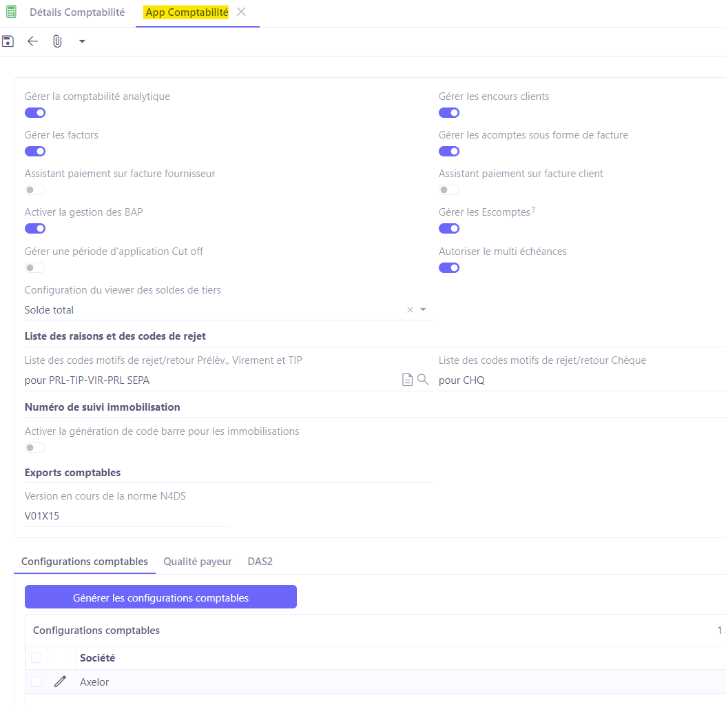 1.1. Accès : Config applicative → Gestion des applications → Comptabilité, configurer. Sur l'image : les configurations globales de l'app Comptabilité.