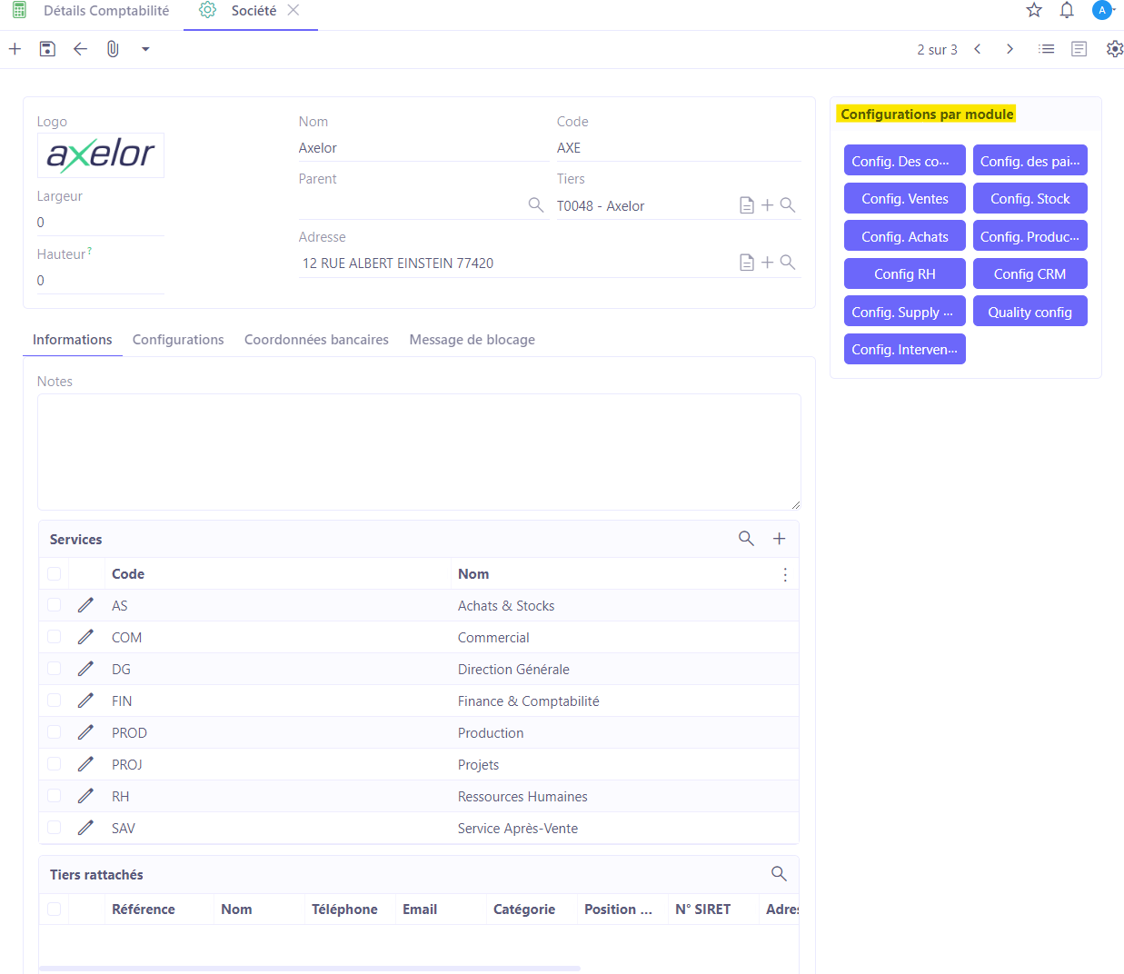 1.1. Accès : Config applicative → Gestion des applications → Utilisateurs / Société → Sociétés → ouvrez la fiche de la société concernée cliquez sur le bouton Configurations des comptes comptables qui se trouve à droite sur la fiche de la société.