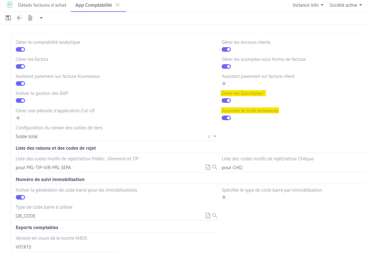 1.1. Accès : Config applicative → Gestion des applications → Comptabilité, configurer. Activez “Gérer les escomptes” et “Autoriser le multi échéances”.