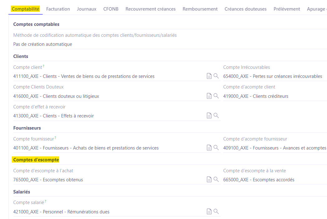 1.1. Accès : Config applicative → Gestion des applications → Comptabilité, configurer → sur la page de configuration, cliquez sur la fiche de la société ou soit Config applicative → Société / Utilisateur → Société. Renseignez les comptes d'escomptes (onglet Comptabilité).