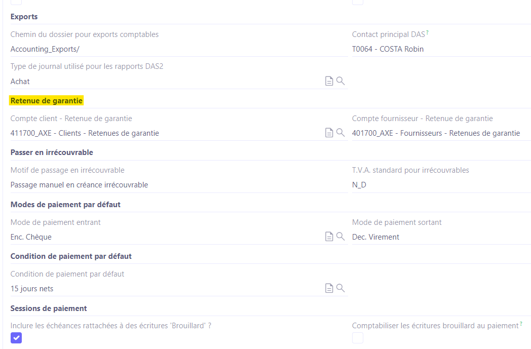 1.2. Accès : Config applicative → Gestion des applications → Comptabilité, configurer → sur la page de configuration, cliquez sur la fiche de la société ou soit Config applicative → Société / Utilisateur → Société. Dans l’onglet Comptabilité, descendez en bas de la page (jusqu’à la retenue de garantie) et renseignez la retenue de garantie.