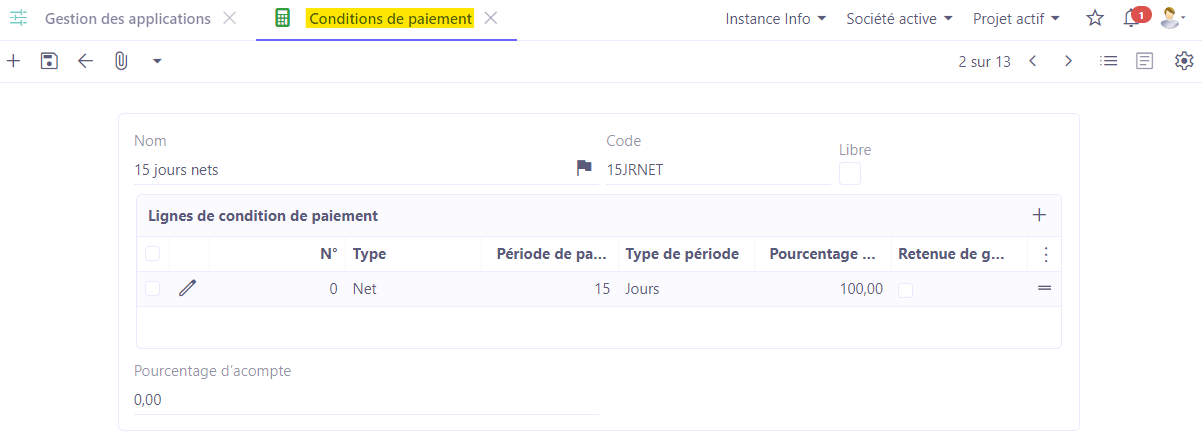 1.1. Accès : Comptabilité → Configuration → Paiement → Condition de paiement. Sur l'image : la fiche de la condition de paiement.