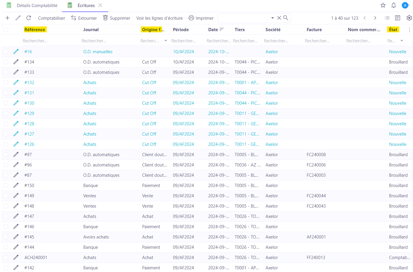 1.1. Accès : Comptabilité → Ecritures → Ecritures. Depuis le menu Ecritures, vous allez accéder à la liste d'écritures. Depuis la liste, plusieurs informations sont immédiatement disponibles, comme par exemple la référence, l'état ou l'origine fonctionnelle.