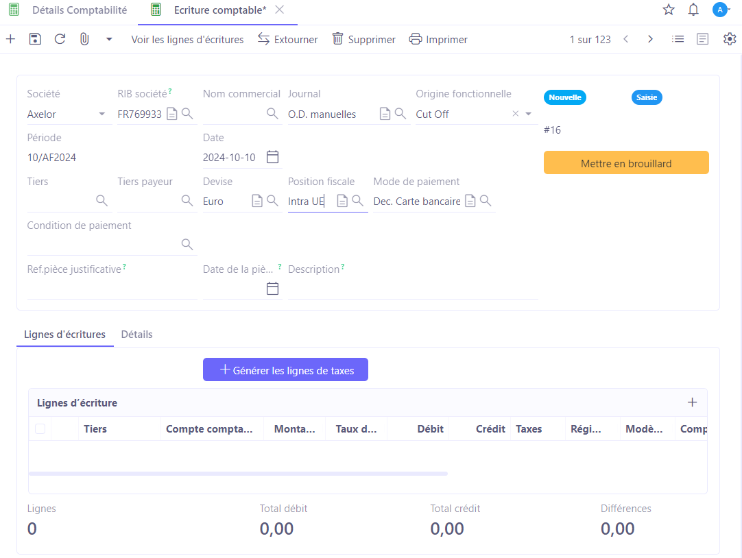 1.1. Accès : Comptabilité → Ecritures → Ecritures → +. La fiche d'une écriture comptable.